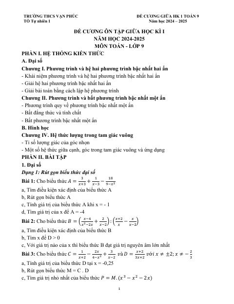 Đề cương giữa kì 1 Toán 9 năm 2024 – 2025 trường THCS Vạn Phúc – Hà Nội
